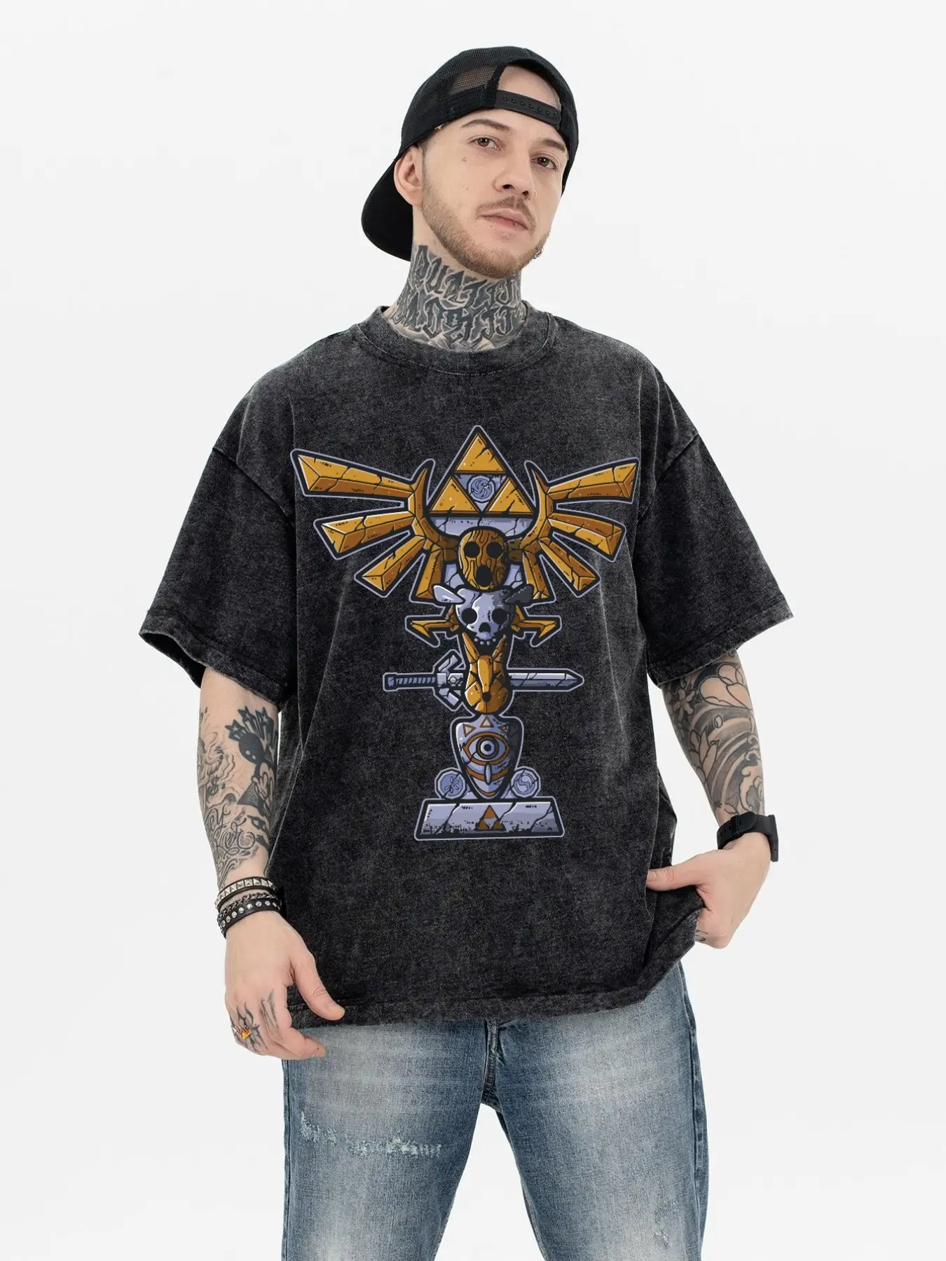 Men's Zelda Triangle Power Skull Sword Print Short Sleeve Crewneck T-Shirt, Vintage Street Style, Loose Fit, Baggy, Casual Outdoor Wear, Menswear, Streetwear