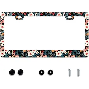 THE HANDY HIVE Folk Floral License Plate Frame Colorful Flowers Stainless Steel License Plate Frame Auto Parts Decoration with Screws License Plate Holder for Men Women 12x6 Inch