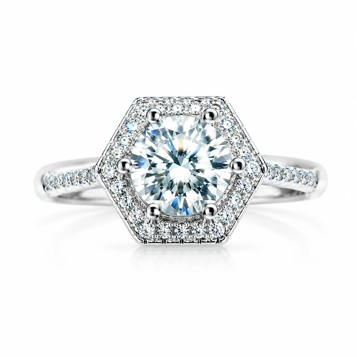 Hexagon Halo Moissanite Engagement Ring (SKU J021-7) - 0.8 Carat, D Color, VVS1 Sparkle, Geometric Halo Rings, Affordable Fashion Engagement Jewelry, 6.0 Mm, Hex Ring Design