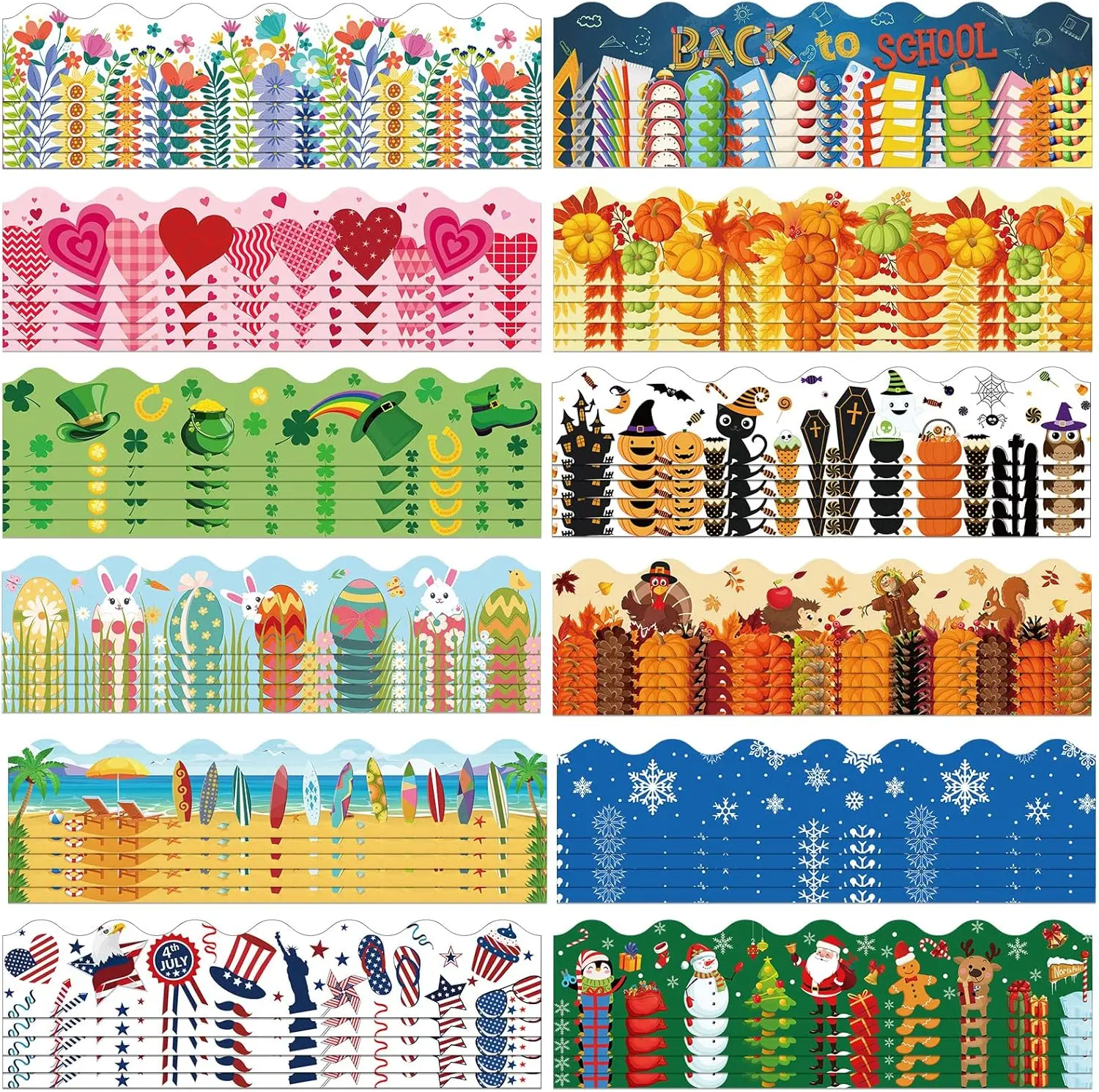 240/360 Pcs Back to School Bulletin Board Borders Holiday Bulletin Board Scalloped Borders 12 Seasonal Themes Bulletin Board Decorations for Classrooms School Decorations Holiday Wall Decor School Supplies
