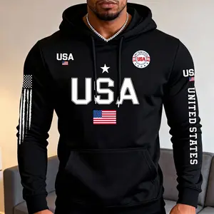 USA Letter Print Hoodie Men's Casual Sports Pullover Hooded Sweatshirt with National Flag Design