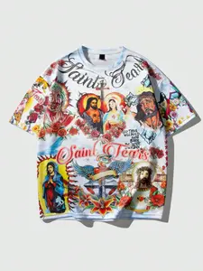 American High Street Saint Tears Religious Print Short Sleeve T-Shirt, Retro Graffiti Casual Style Streetwear Unisex Loose Top