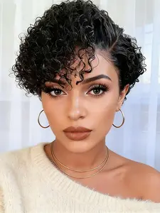 pixie cut short curly human hair wig for women pixie cut human hair wigs 13x4x1 T part lace curly natural black color daily party cosplay gift use holidays gift wig Glueless curly wig Curly Afro Wig