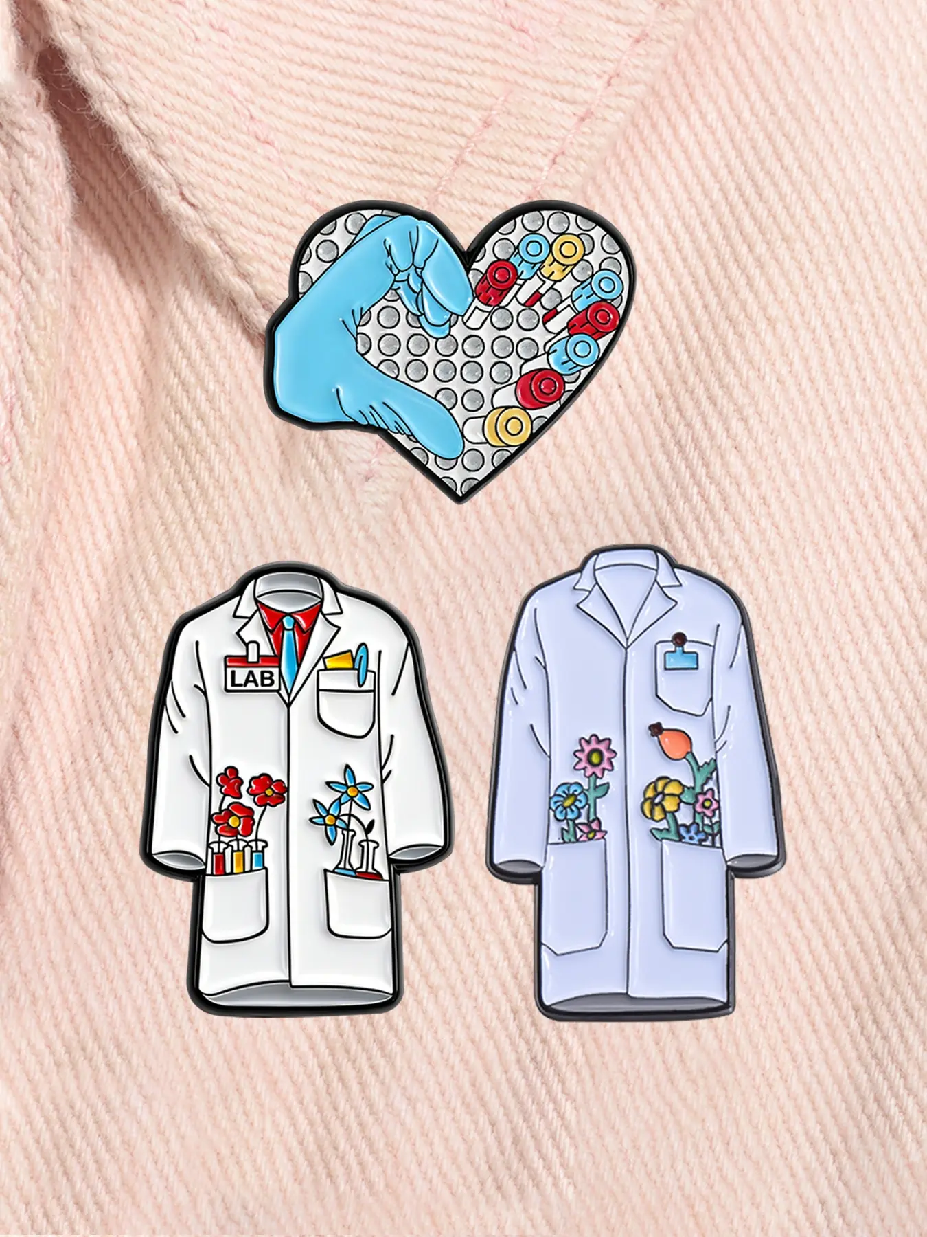 3 Piece Set Floral Lab Coat Enamel Pins Medical Hanreshe Hematology Test Tube White Doctor Scientists Coat Alloy Brooches Flower Brooch Pin Lapel Backpack Badge Fashion Jewelry Accessories Gifts for Friends