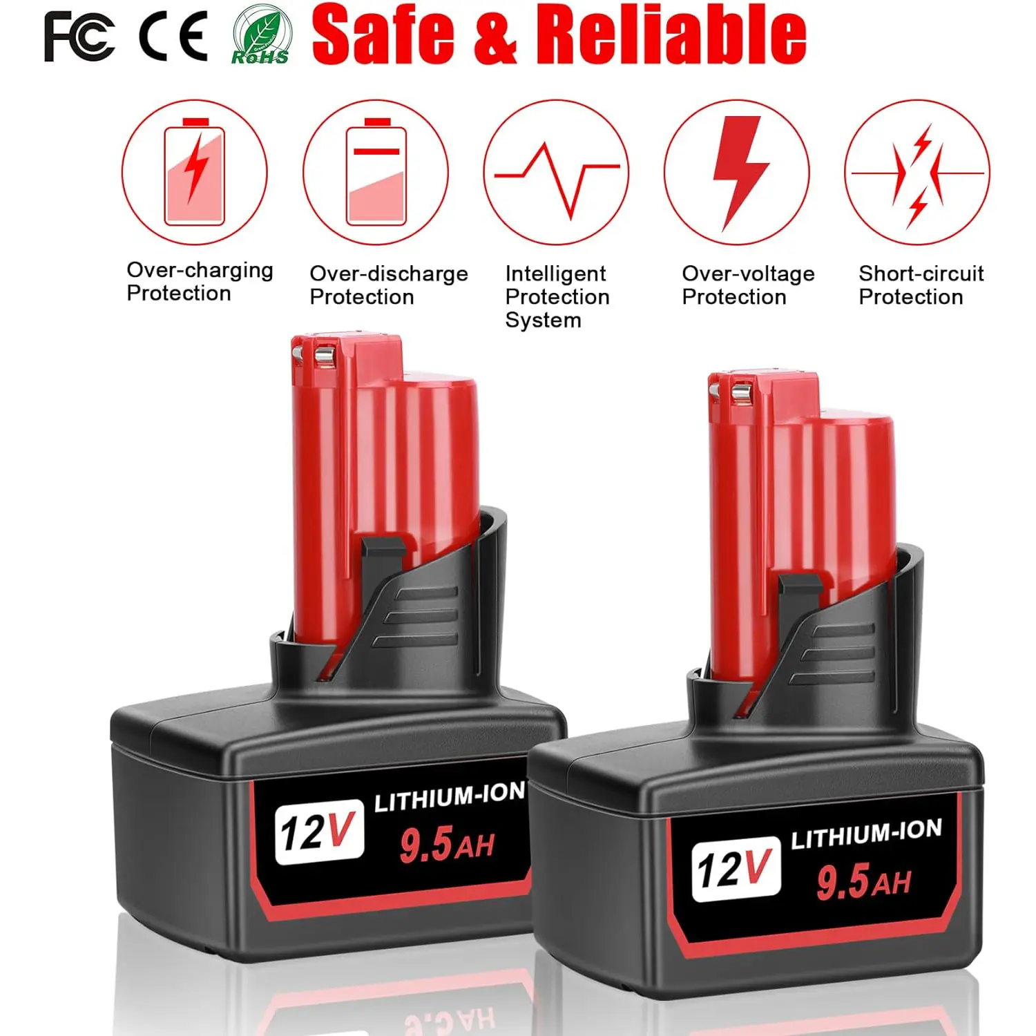 2Pack 9.5Ah 12V Li-ion Replacement Battery for Milwaukee  Cordless Tools, Fits 48-11-2401, 48-11-2411, 48-11-2420, 48-11-2412, 48-11-2402
