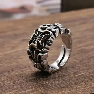 Vintage silver-plated cross anchor ring, unisex, unique hip-hop punk style distressed adjustable ring Pick one at random.