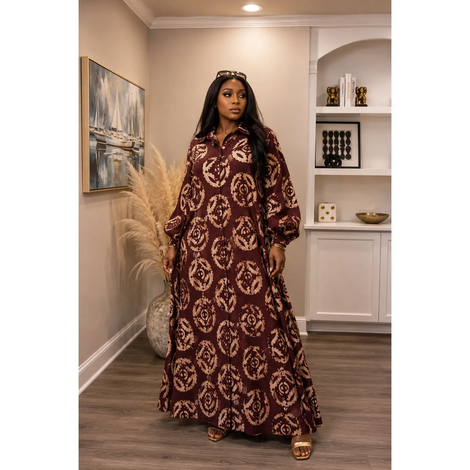 Women's Traditional Oversized Silk Adire Button Down Shirt Dress - Artisan Hand-Dyed Batik, Convertible to Duster/Jacket, Drape Design for Casual & Elegant African Fashion Day-Night Wear, Modest Fashion