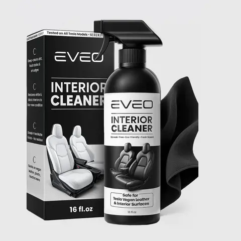 EVEO Tesla Interior Cleaner Spray Kit - 16oz Liquid Car Detailing Products, pH-Balanced Safe, Streak-Free, No Damage to Factory Finishes, Safe for White & Black Vegan Leather, Includes Microfiber Cloth, Fits Model 3/Y/X