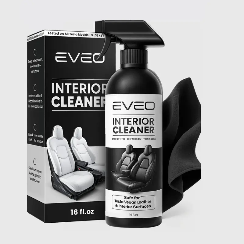 EVEO Tesla Interior Cleaner Spray Kit - 16oz Liquid Car Detailing Products, pH-Balanced Safe, Streak-Free, No Damage to Factory Finishes, Safe for White & Black Vegan Leather, Includes Microfiber Cloth, Fits Model 3/Y/X