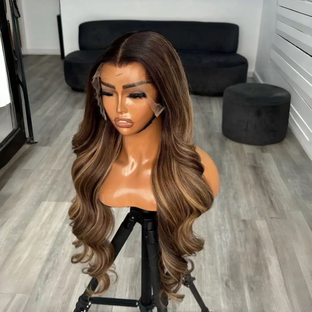 Women's Honey Brown Synthetic Lace Frontal Wig with Blonde Highlights, Long Wave, Glueless, Free Part, Heat-Resistant, Natural Look for Female