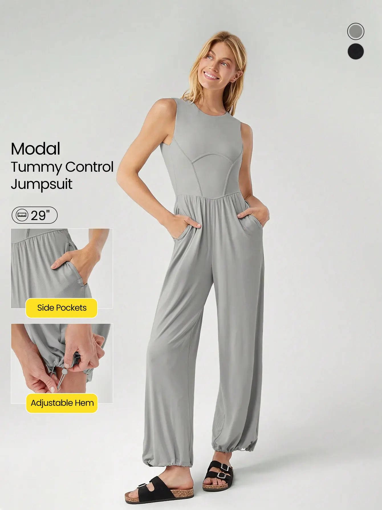 GLOWMODE Modal Tummy Control Sleeveless Wide-Leg Zip Back Jumpsuit Bodysuit With Side Pockets Daily Casual