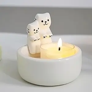 White Ceramic Charming Cat Candle Holder - Painted Animal Design for Home Decor & Holiday Celebrations Ornaments