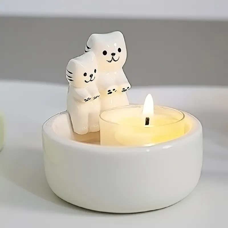 2 Kittens White Ceramic Candle Holder - Painted Animal Design, Home Decor, Holiday Celebration Ornaments, Two Kittens Candle Holder