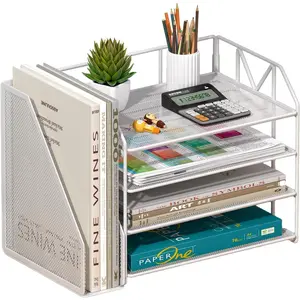 4-Tier Paper File Organizer with Drawer, Metal Desk Organizer, Tiered Paper Tray for Letter/A4 Files, Desktop Office Supplies Storage Rack, White : Office Products
