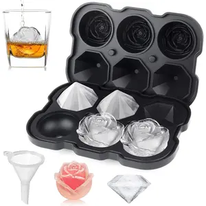 Ice Cube Tray, 2-inch Rose Ice Cube Tray with Covers, 3 Cavity Silicone Rose Ice Tray and 3 Diamond Ice Ball Maker, Easy Release Large Ice Cube Mold for Chilled Cocktails, Whiskey, Juice