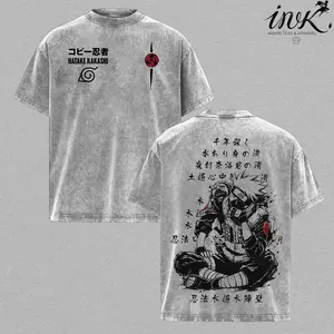Kakashi Naruto Anime Graphic Tee Oversized Acid Washed Soft Cotton Streetwear T-Shirt Top Casual Outfit Gift Fans