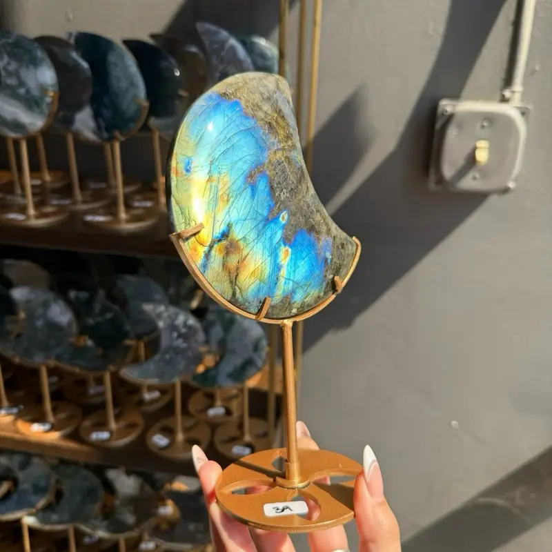 Labradorite Moon with Stand, Crescent Moon Shape, Iridescence, Ideal for Home Ornament, Perfect for Meditation & Decor Natural Crystal Moonstone