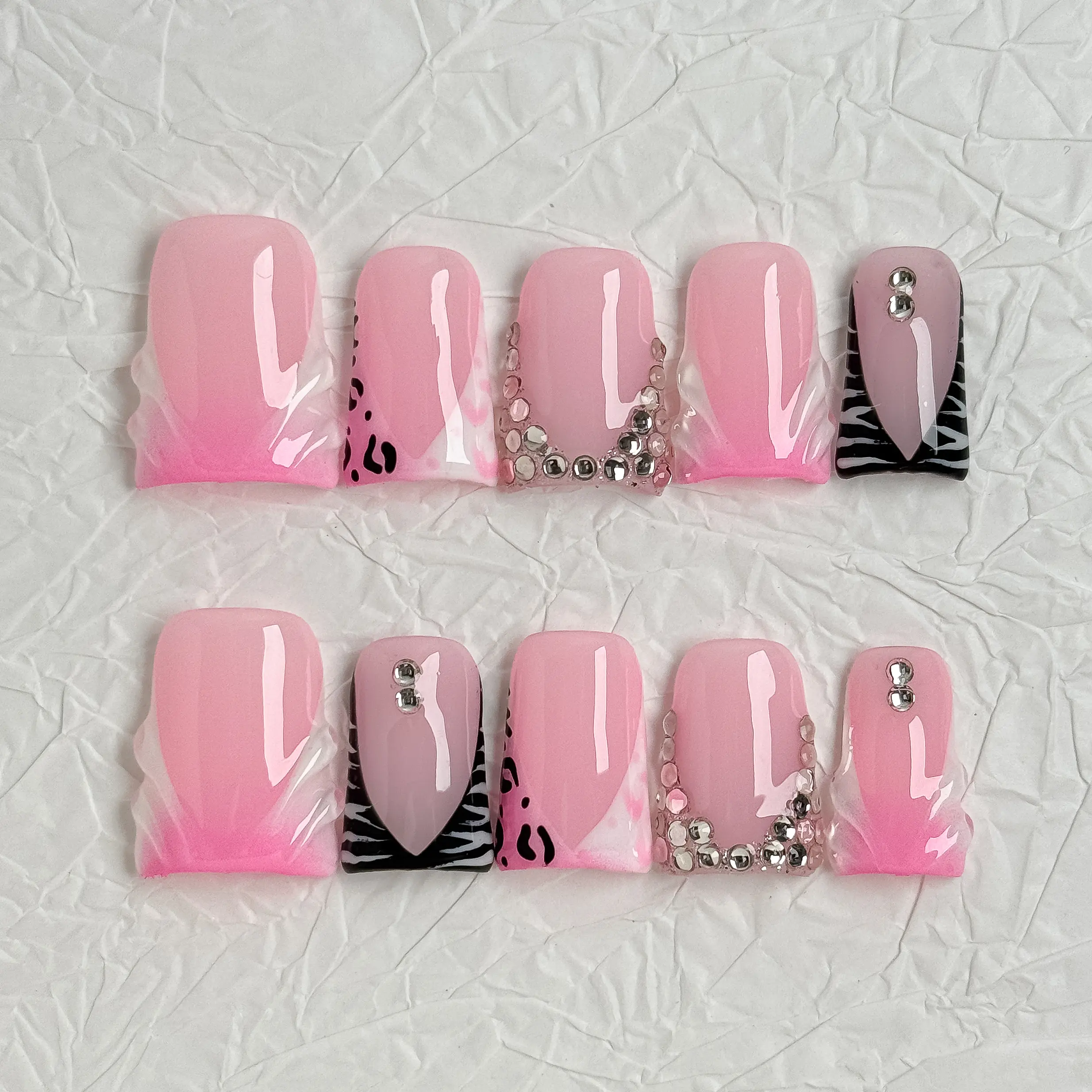 Reusable Handmade Press-On Nail Extensions, 10 PCS Set in a Playful Pink & White Coffin Shape with Vibrant Hue Swirl & Heart Art, Nail Art Decoration, Versatile Use