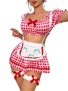 Date Night Gingham Maid Backless Lingerie Set - Apron Detail Ruffle Trim Pleated Fitted High Waist 4-Piece Set