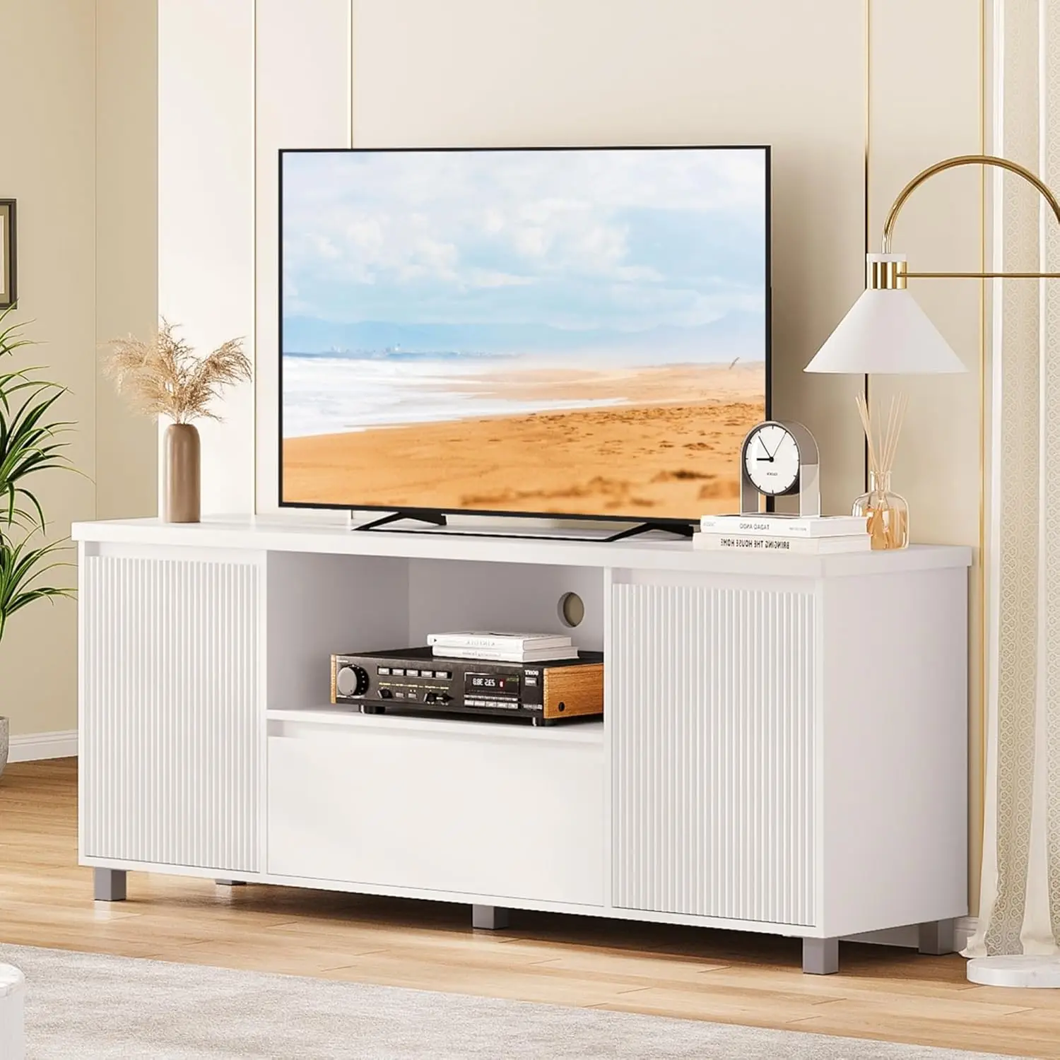 Gaomon Durable MDF Wood Fluted Panel Minimalist TV Stand - 65-Inch Freestanding Modern TV Console, Storage Space Entertainment Center with Drawers, Open Shelves, Tool-Free Setup for Living Room, Bedroom, White