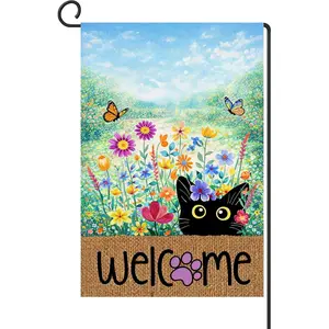 12x18 Inch Floral Black Cat Welcome Spring Garden Flag Seasonal Outdoor Decor Double Sided Polyester Yard Flag for Yard Porch Lawn Entryway