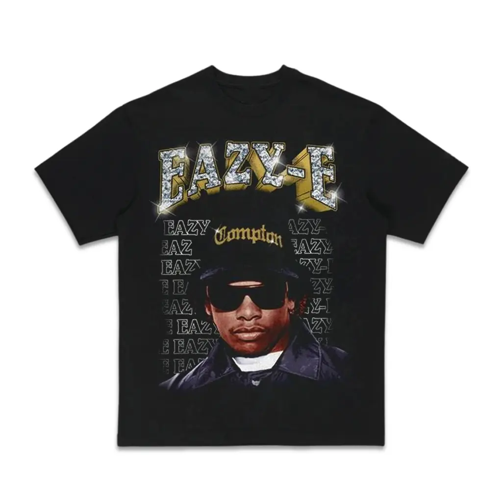 Eazy-E Compton Repeating Text Diamond Gold Graphic Rap T-Shirt – Classic Hip Hop Fan Tee