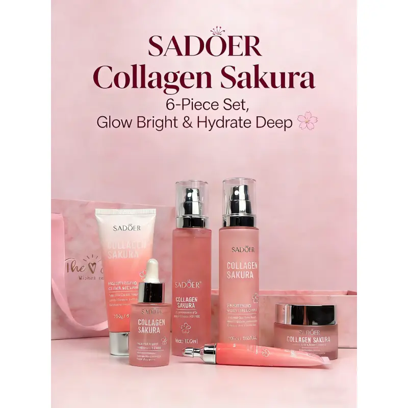 Sakura Collagen Hydrating Glow 6-Piece Skincare Moisturizing Revitalizing Set, Hydrating Cherry Blossom, Deep Moisture, Plump & Brighten, Gentle Complete Care Kit, Collagen Deep Hydration, Total Care Set, Moisture Glow Bundle