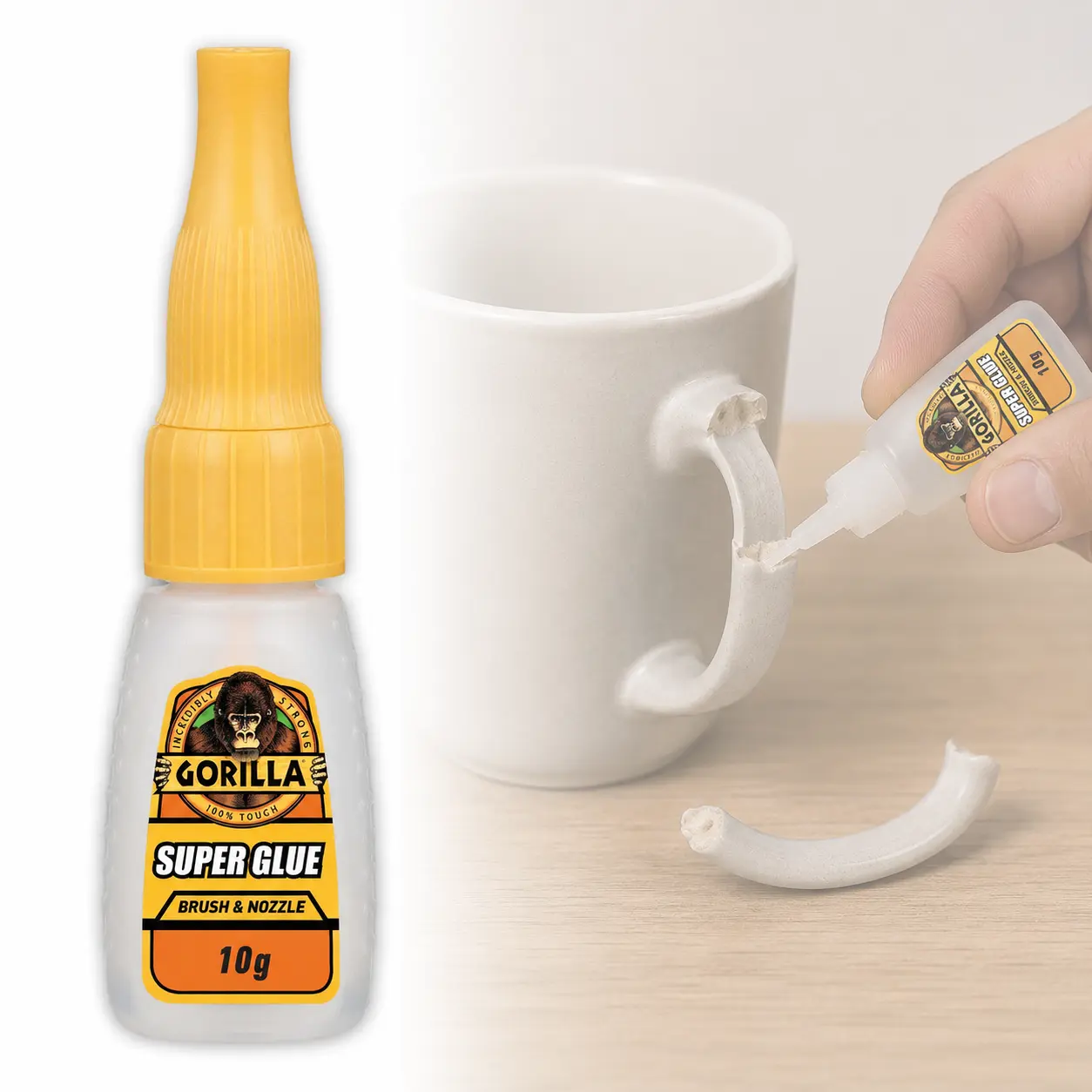 Gorilla 10g Super Glue Brush and Nozzle, clear CA glue, 2-way applicator, fine bristle brush, precision tip nozzle, fast-setting 10-45 sec, no clamp, impact tough, less mess, plastic, wood, metal, ceramic, rubber, leather, paper, glass, DIY repair