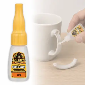 Gorilla 10g Super Glue Brush and Nozzle, clear CA glue, 2-way applicator, fine bristle brush, precision tip nozzle, fast-setting 10-45 sec, no clamp, impact tough, less mess, plastic, wood, metal, ceramic, rubber, leather, paper, glass, DIY repair