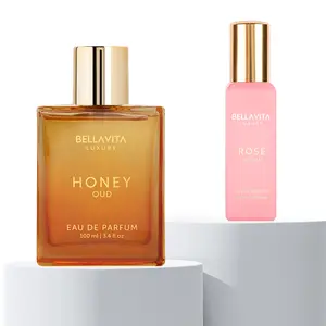 BellaVita Luxury Honey Oud & Rose Perfume Bundle | Eau De Parfum 100ml + 20ml Mini for Women | Long-Lasting Floral, Spicy & Woody Notes | Patchouli, Vanilla, Bergamot, Jasmine, Peach & Amber | Clean & Cruelty-Free Fragrances