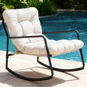 SeeHill Indoor&Outdoor Water-resistant Rocking Chair with Thick Puffy Cushion- Patio Rocker Recliner, Accent Chair,  Teslin Mesh Seat, All Weather for Backyard, Living Room, Bedroom，Lawn, Balcony,  Garden, Porch, Poolside, Reading Nook, Off White & Gray