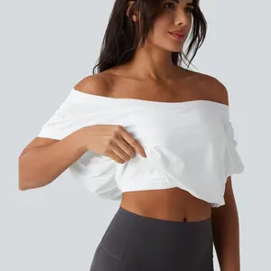 Halara Off Shoulder Short Sleeve Oversize Cool Touch Quick Dry Yoga Sports Top