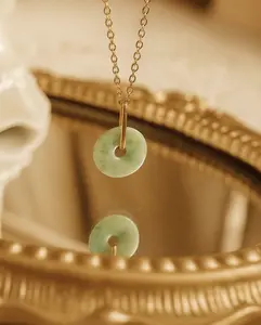 Genuine Jade Donut Pendant Necklace – 14K Gold Plated Chain