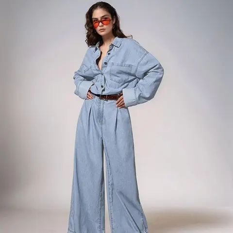Women's Pocket Denim Jeans Jumpsuit without Belt, Casual Fashion Wide Leg Light Wash Denim Jumpsuit for Daily Wear, Casual Loose Jumpsuits, Ladies Clothes for All Seasons Womenswear