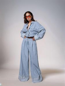 women's pocket denim jumpsuit without belt, casual fashion wide leg denim jumpsuit for daily wear, ladies clothes for all seasons