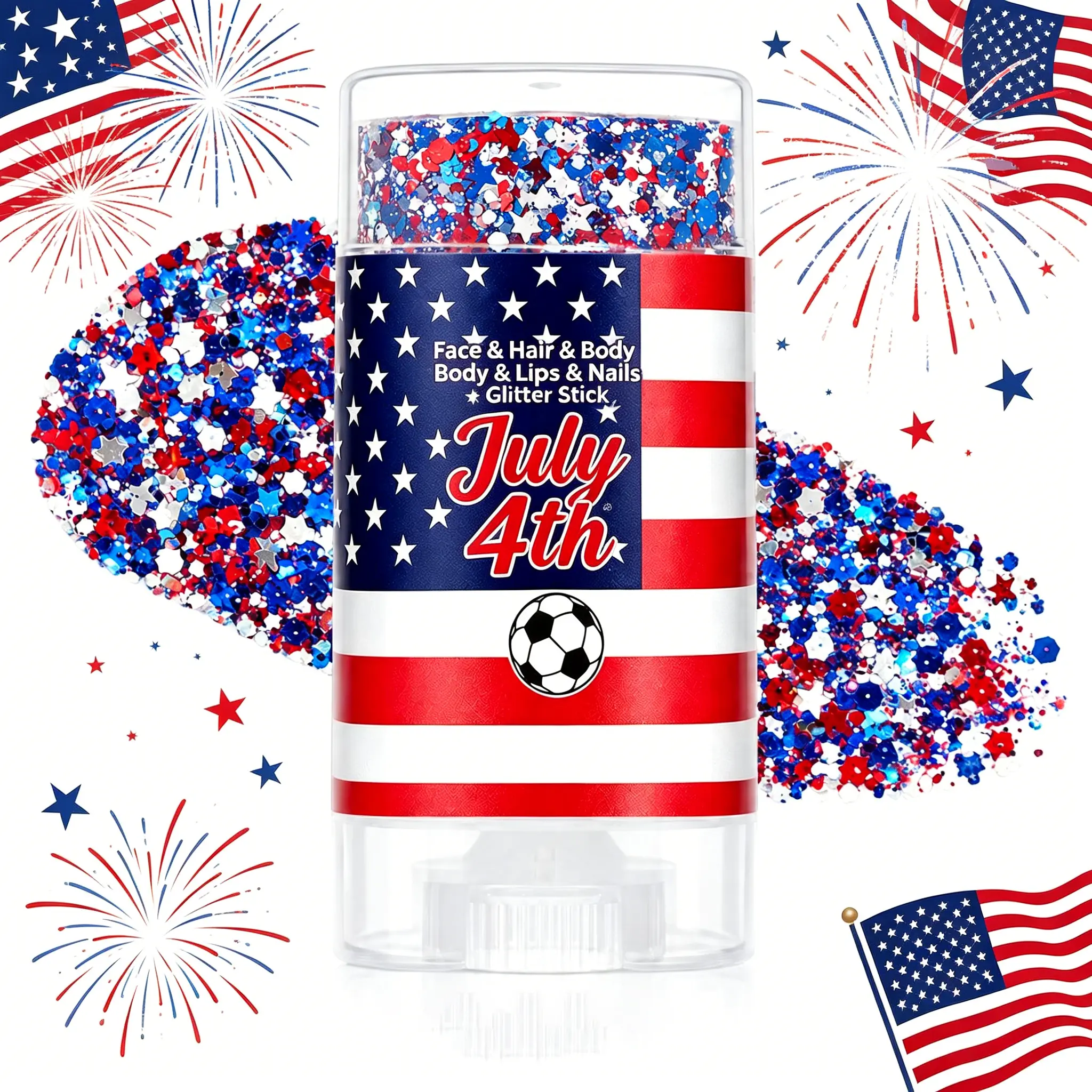 4th of July Glitter Stick | Red, White & Blue Body & Hair Sparkle for Independence Day Party, Festival & Fun Holiday Look, Cosmetic, Festive Shine, Makeup, Body Makeup, Shimmering Body Makeup
