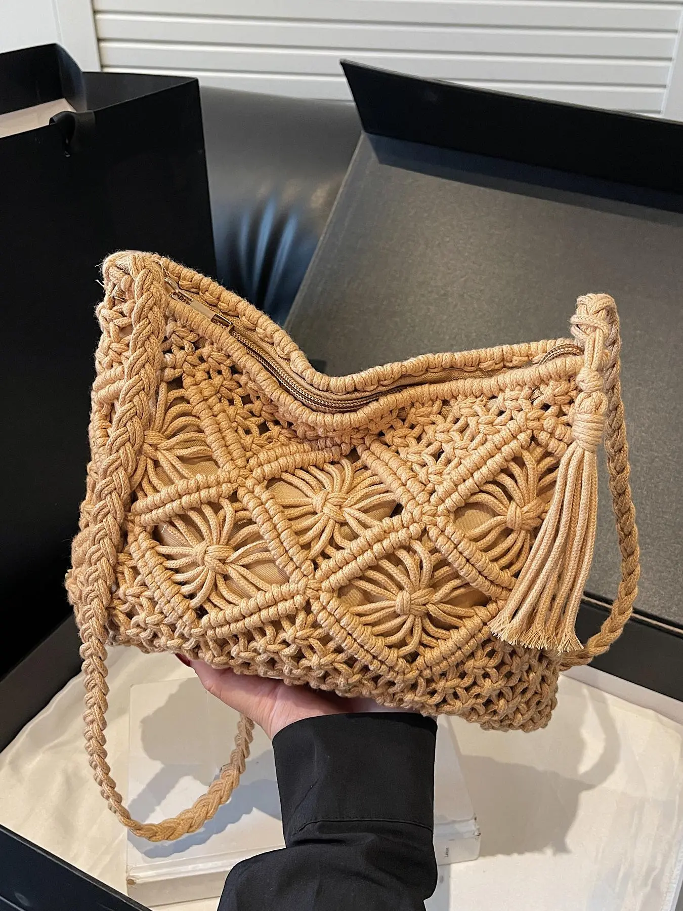Women's Boho Style Braided Crossbody Crochet Bags, Solid Color Shoulder Bag for Daily Used, Casual Trendy Versatile Daily Commuting Bag, Crossbody Purse, Bohemian Crossbody Purse, Fringe Hobo Bag, Boho Shoulder Purses, Casual Fashion Bag