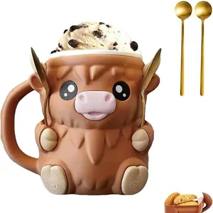 Highland Cow Ice Cream Mug Cup Holder Set, Reusable 3D Printed Cups, Hidden Snack Storage Drawer, Multi-Purpose Beverage Cooler, Party Accessories