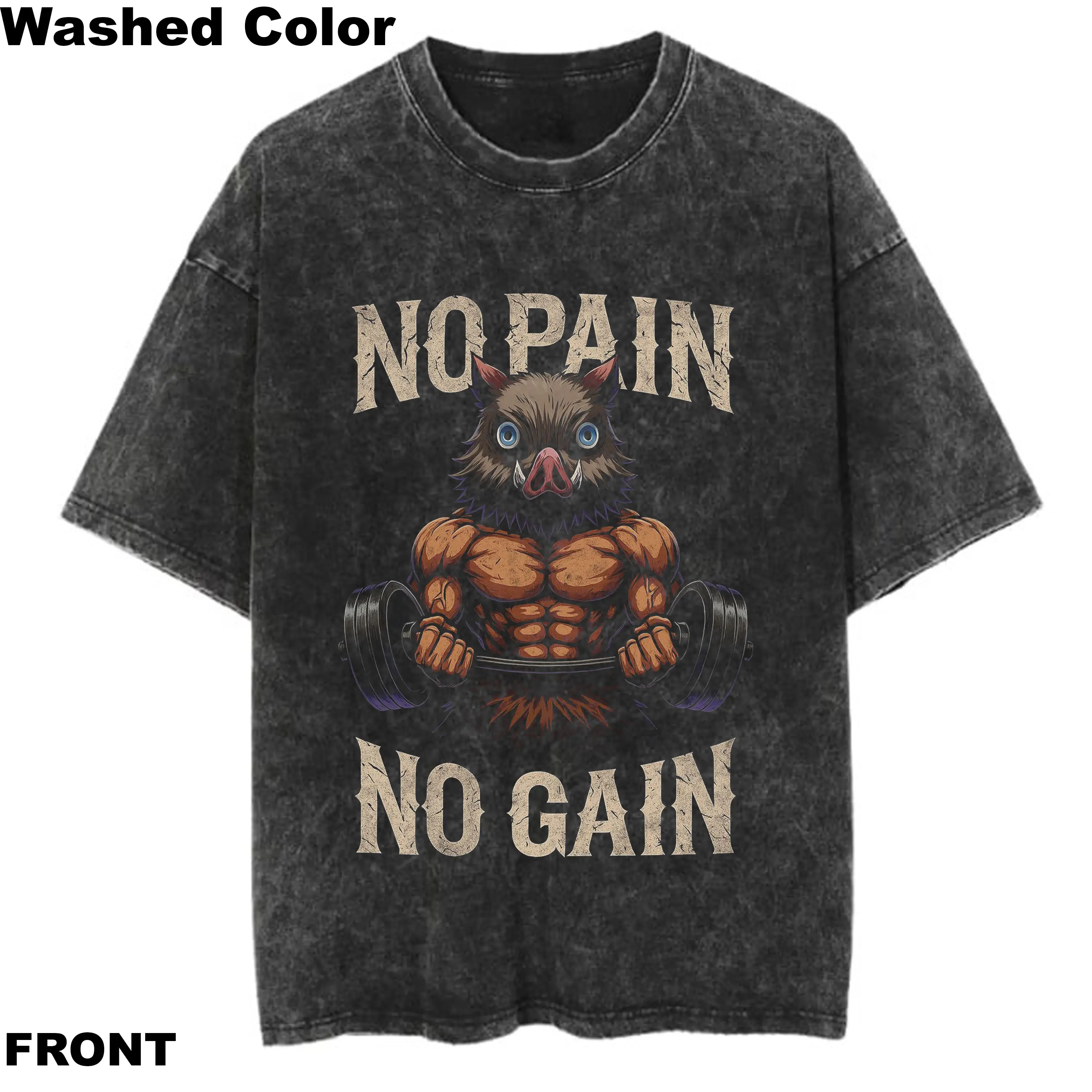 Vintage  Inosuke Bodybuilding Graphic Tee, Inosuke "No Pain, No Gain" T-Shirt, Anime Gym Motivation T-Shirt, Anime T-Shirt, Workout T-Shirt, Gym T-Shirt, Pump Cover, Gift for Him, Fitness Gift, Weightlifting T-Shirt, Manga Vintage Crewneck Menswear Top