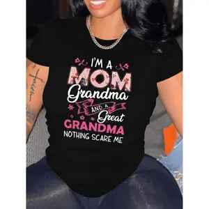Women's T-shirts “I'M A MOM GRANDMA And Great Grandma Nothing Scare Me”Letter Print T-Shirt, Casual Crew Neck Short Sleeve T-Shirt, Women's Plus Size Tops
