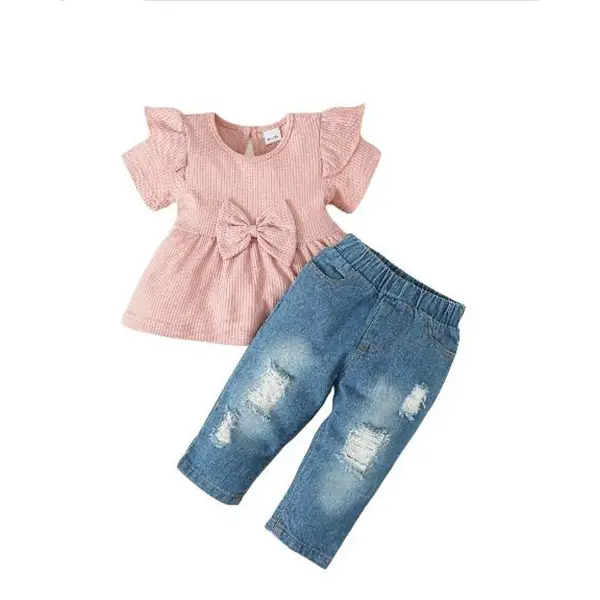 Girl's solid color round neck short-sleeved denim two-piece set with ruffled hem girlclothes