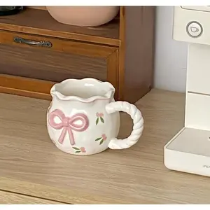 Kawai Bow Handmade Ceramic Round White Coffee Mug with handle Drinkware Stylish