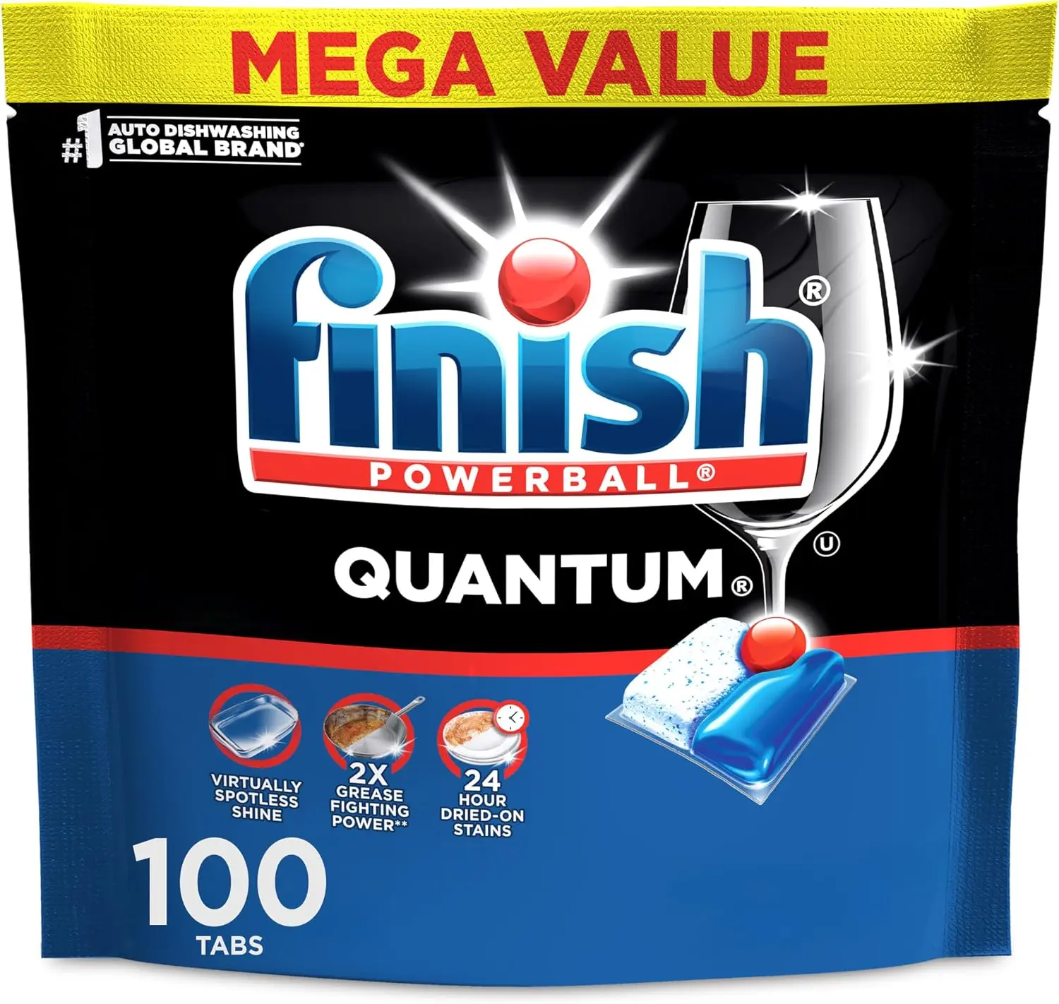 Finish Quantum Dishwasher Pods, 100 Count, No Pre-Rinse Detergent Tablets for 24-Hour Dried-On Food, Grease & Spotless Shine