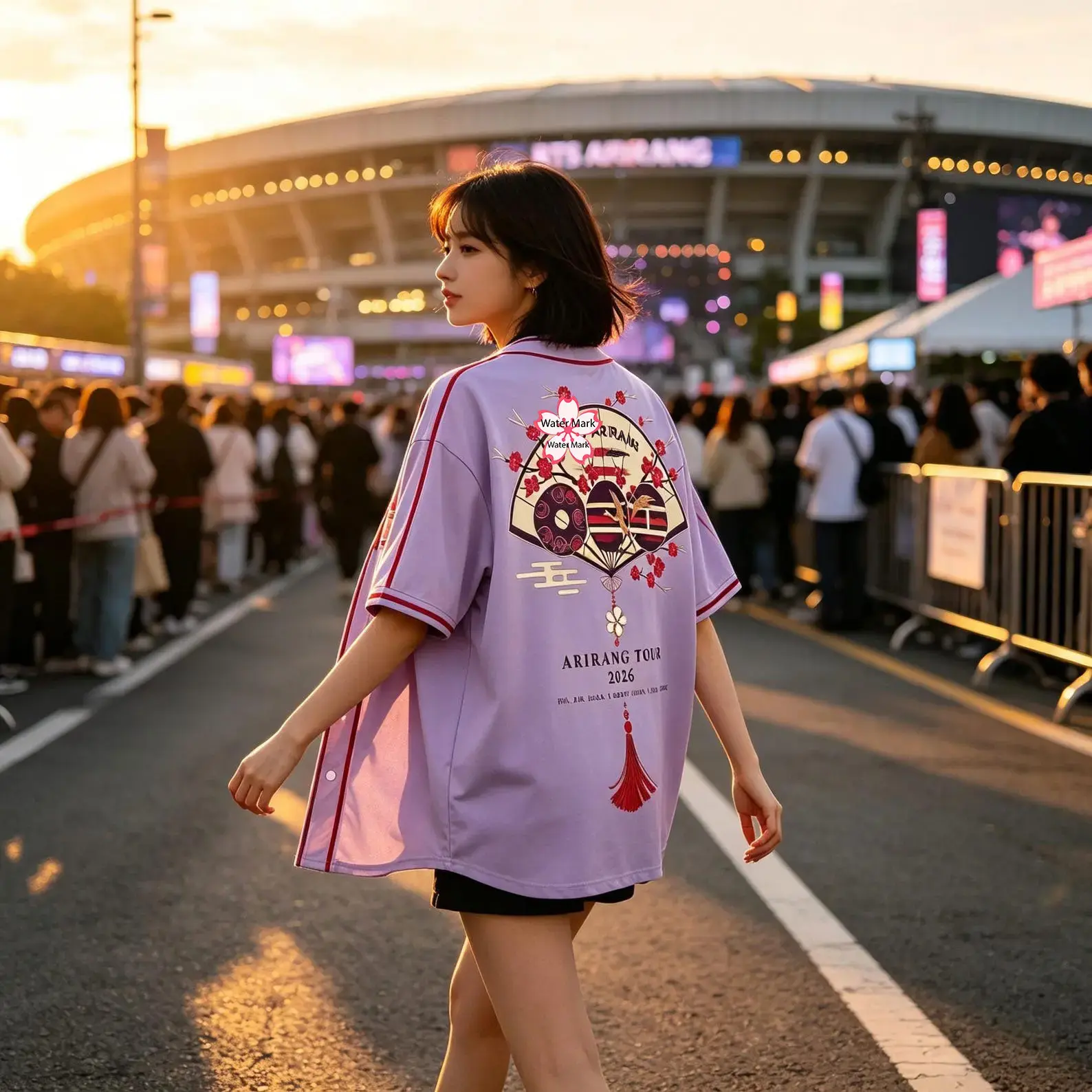 Oversized Lavender Purple Cherry Blossom Baseball Jersey Shirt, ARMY Concert Outfit 2026 World Tour Fan Graphic Short Sleeve Button Down Top Women
