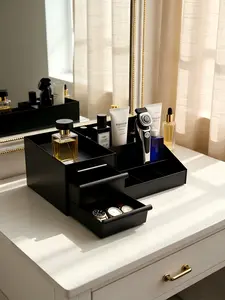 THE Solution to messy vanity Spacious 2-drawer black organizer for makeup skincare & bathroom counter #MakeupStorage #BathroomOrganization #DeskOrganizer #HomeDecor #OrganizationHacks