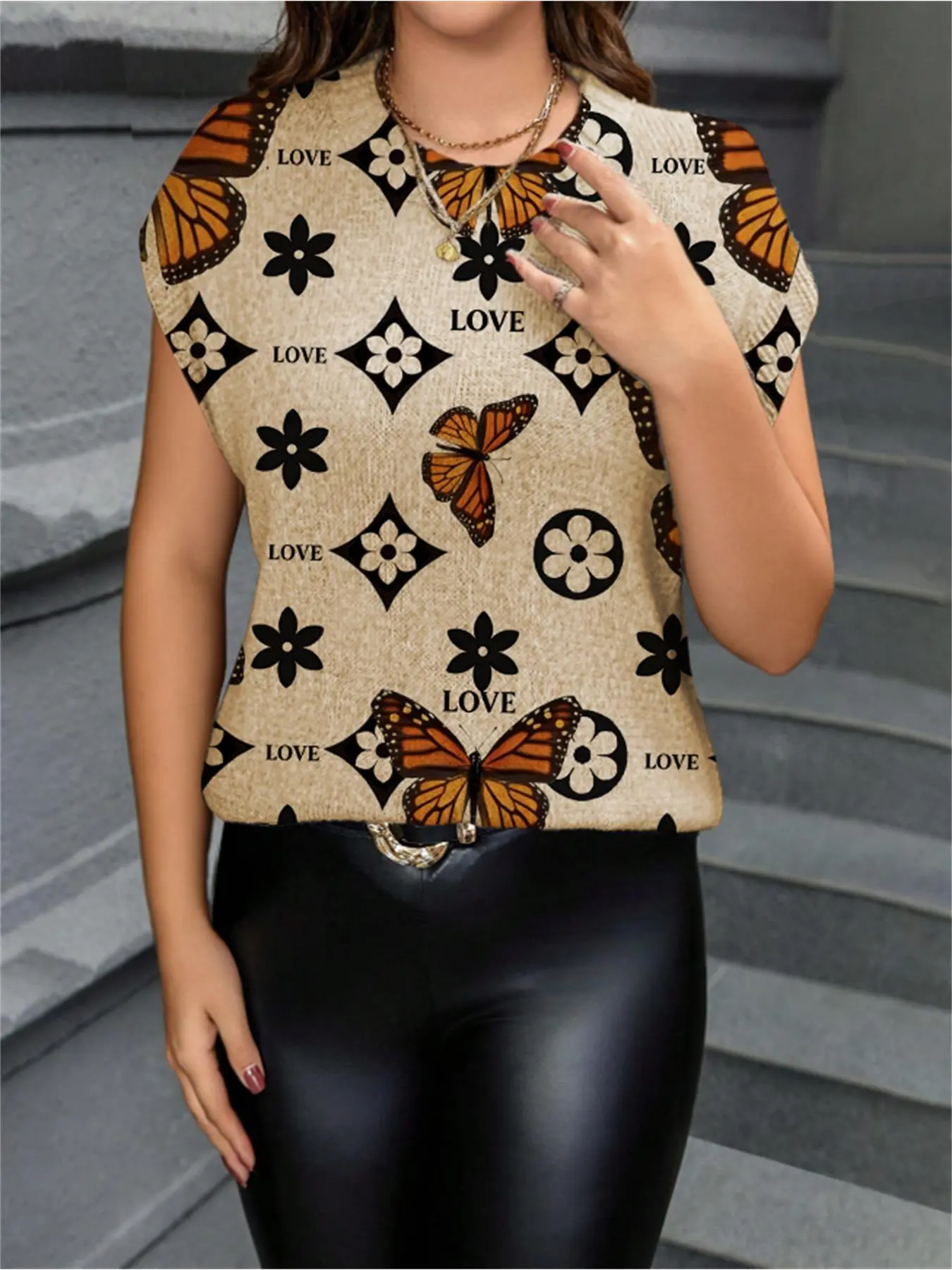 Geometric Butterfly Letter Print Round Neck Fitted Cropped Sweater, Knit Pullover Top Casual Short Sleeve Knitwear for Spring Summer Fall, Comfortable Warm Women's Clothing Womenswear