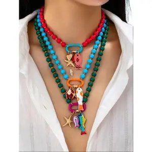 3-Piece Multi-Layer Beaded Necklace Set with Colorful Fish, Starfish Pendants - Bohemian Summer Beach Jewelry for Boho Outfits, Vacation Wear