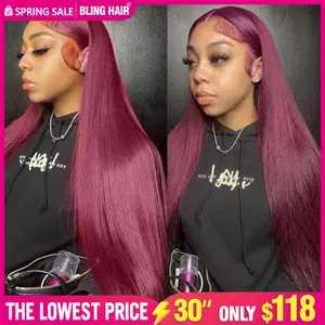 Bling Hair Straight 99J Burgundy 13x4 13x6 Lace Frontal Human Hair Wigs HD Transparent Lace Melt All Skins Red Wig Raw Virgin Hair