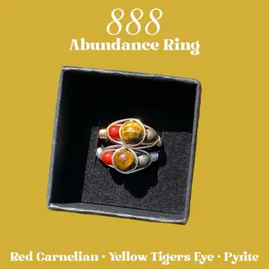 888 Angel Number Inspired Crystal Ring for Abundance with red carnelian yellow Tigers eye and pyrite handmade