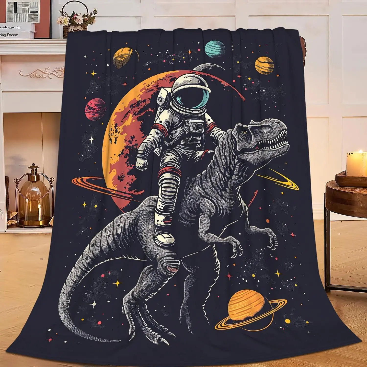 Astronaut Dinosaur Blanket Funny Space Astronaut Decor Throw Blanket Gifts for Girls Boys Super Warm Soft Plush Fleece Flannel Winter Couch Bedding Blankets for Kids Adults Women 50"X40"